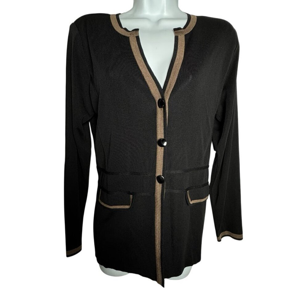 Exclusively Misook Womens black cardigan sweater jacket size small brown trim